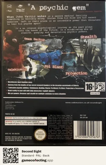 Second Sight Nintendo GameCube, PAL box back