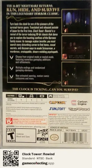 Clock Tower: Rewind Nintendo Switch, NTSC box back
