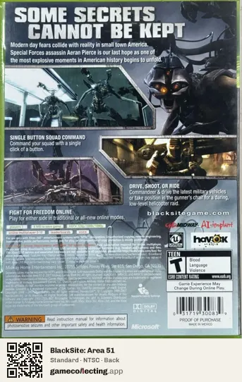 BlackSite: Area 51 Xbox 360, NTSC box back