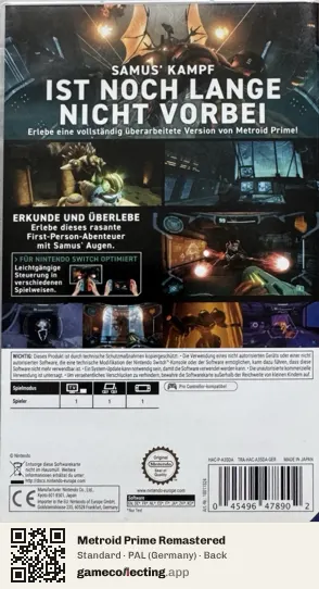 Metroid Prime Remastered Nintendo Switch, Germany box back