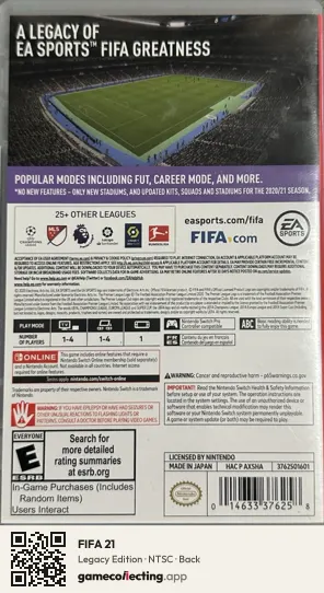 FIFA 21 Nintendo Switch, NTSC box back
