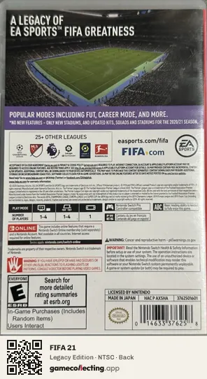 FIFA 21 Nintendo Switch, NTSC box back