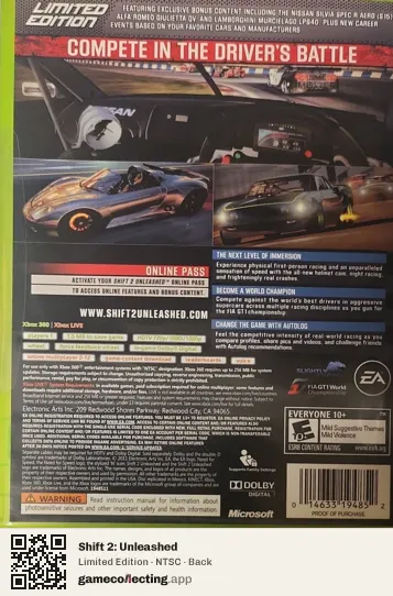 Shift 2: Unleashed Xbox 360, NTSC box back