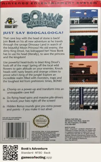 Bonk's Adventure Nintendo Entertainment System, NTSC box back