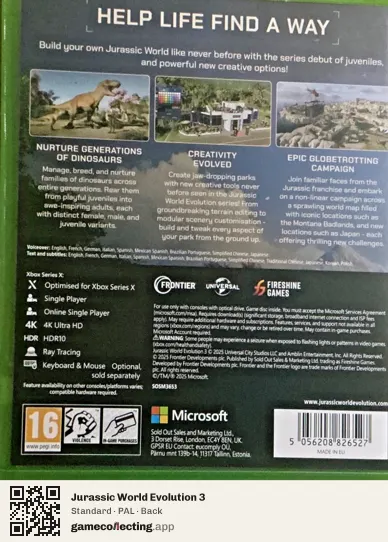 Jurassic World Evolution 3 Xbox Series X, PAL box back
