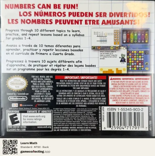 Learn Math Nintendo DS, NTSC box back