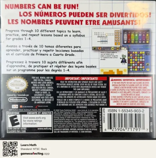 Learn Math Nintendo DS, NTSC box back