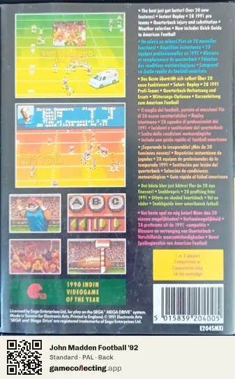 John Madden Football '92 Sega Mega Drive / Genesis, PAL box back