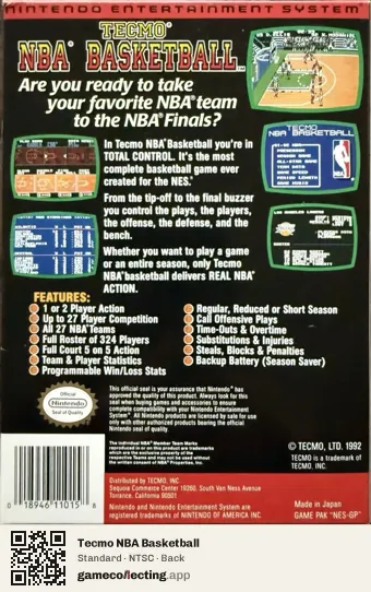 Tecmo NBA Basketball Nintendo Entertainment System, NTSC box back
