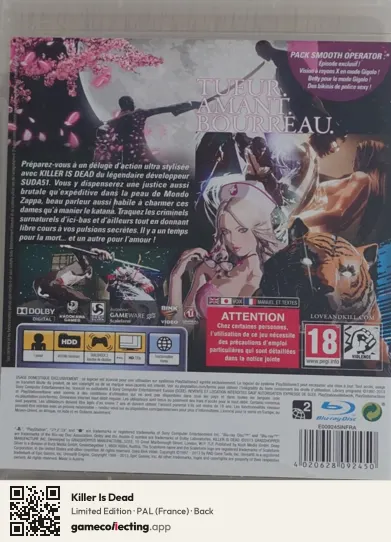 Killer Is Dead PlayStation 3, France box back