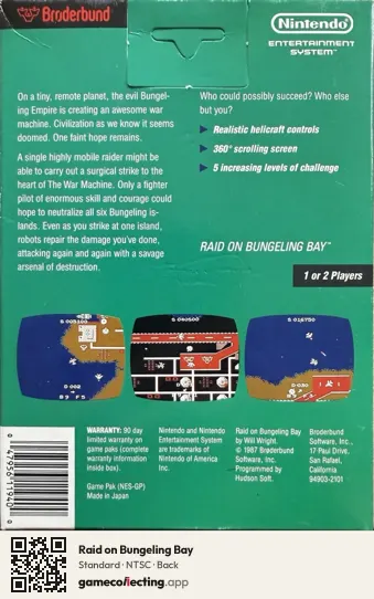 Raid on Bungeling Bay Nintendo Entertainment System, NTSC box back