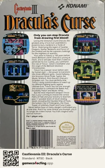 Castlevania III: Dracula's Curse Nintendo Entertainment System, NTSC box back