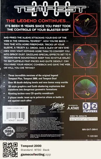 Tempest 2000 Sega Saturn, NTSC box back