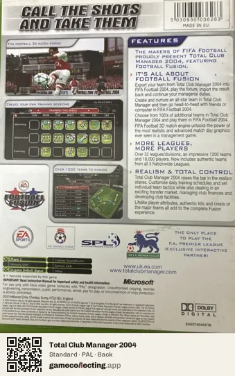 Total Club Manager 2004 Xbox, PAL box back