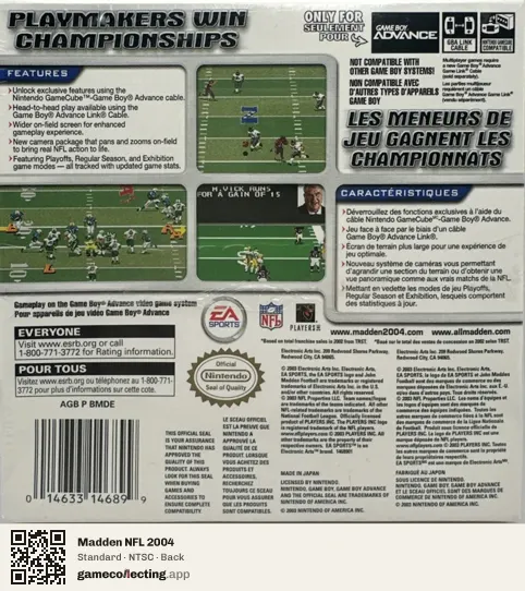 Madden NFL 2004 Game Boy Advance, NTSC box back