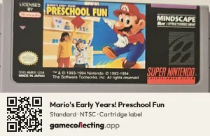Mario's Early Years! Preschool Fun Super Nintendo Entertainment System, NTSC cartridge label