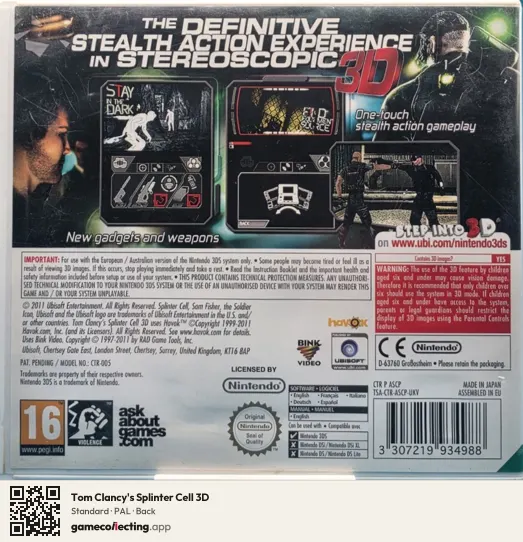 Tom Clancy's Splinter Cell 3D Nintendo 3DS, PAL box back