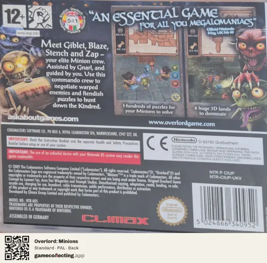 Overlord: Minions Nintendo DS, PAL box back