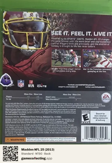 Madden NFL 25 (2013) Xbox One, NTSC box back