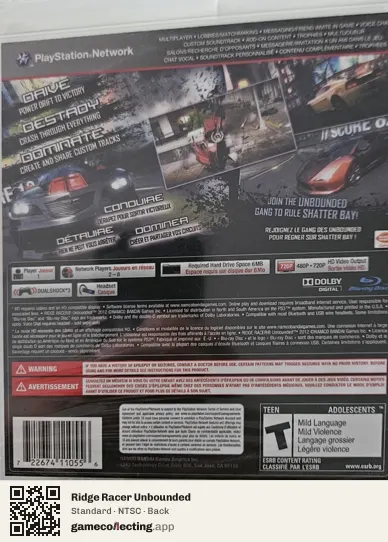 Ridge Racer Unbounded PlayStation 3, NTSC box back