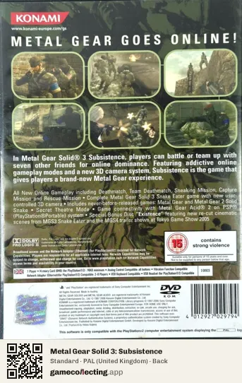 Metal Gear Solid 3: Subsistence PlayStation 2, United Kingdom box back