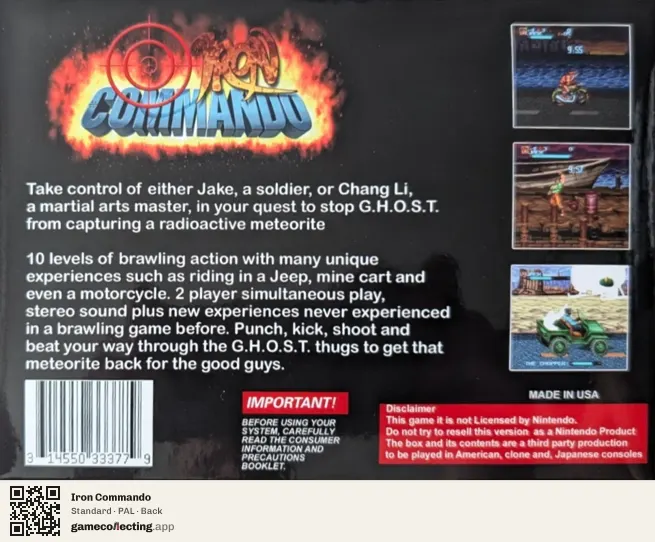 Iron Commando Super Nintendo Entertainment System, PAL box back