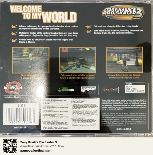 Tony Hawk's Pro Skater 3 Computer, NTSC box back