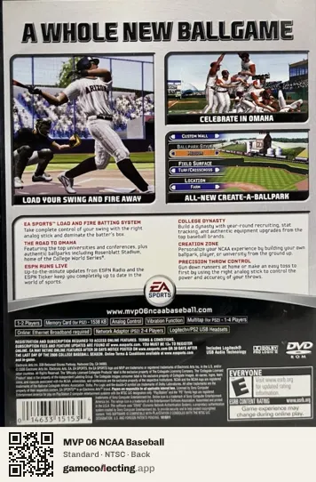 MVP 06 NCAA Baseball PlayStation 2, NTSC box back
