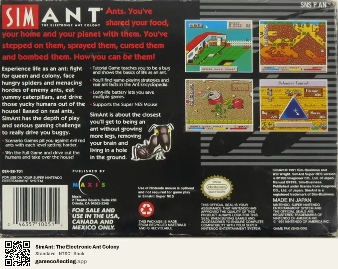 SimAnt: The Electronic Ant Colony Super Nintendo Entertainment System, NTSC box back