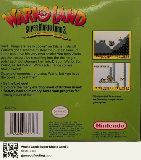 Wario Land: Super Mario Land 3 Game Boy, NTSC box back
