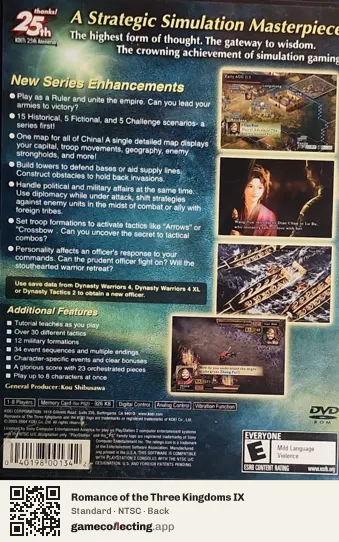 Romance of the Three Kingdoms IX PlayStation 2, NTSC box back