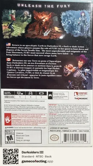 Darksiders III Nintendo Switch, NTSC box back