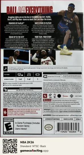 NBA 2K26 Nintendo Switch 2, NTSC box back