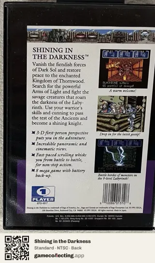 Shining in the Darkness Sega Mega Drive / Genesis, NTSC box back