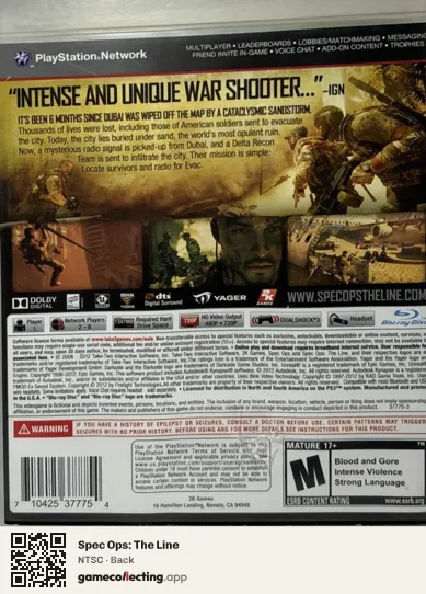 Spec Ops: The Line PlayStation 3, NTSC box back