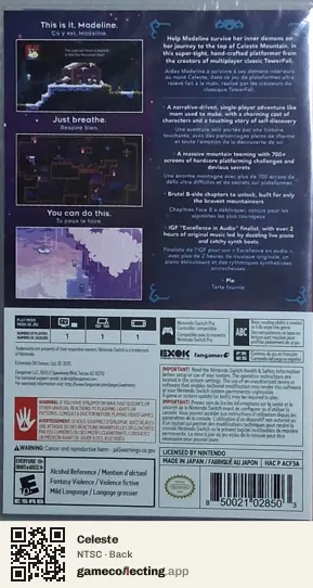 Celeste Nintendo Switch, NTSC box back