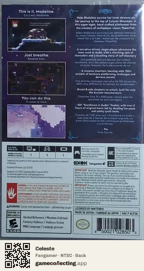 Celeste Nintendo Switch, NTSC box back