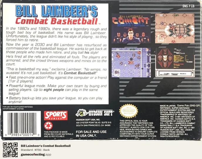 Bill Laimbeer's Combat Basketball Super Nintendo Entertainment System, NTSC box back