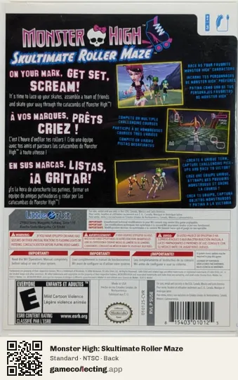 Monster High: Skultimate Roller Maze Nintendo Wii, NTSC box back