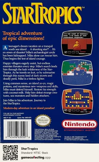 StarTropics Nintendo Entertainment System, NTSC box back