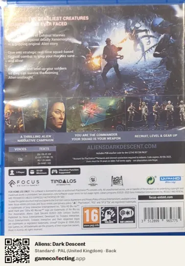 Aliens: Dark Descent PlayStation 5, United Kingdom box back
