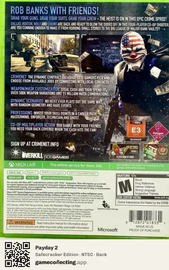 Payday 2 Xbox 360, NTSC box back
