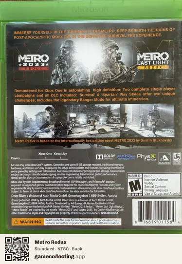 Metro Redux Xbox One, NTSC box back
