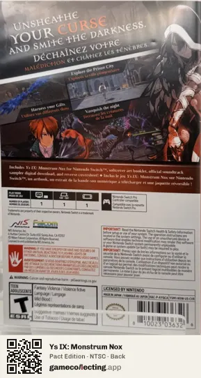 Ys IX: Monstrum Nox Nintendo Switch, NTSC box back