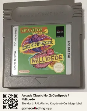 Arcade Classic No. 2: Centipede / Millipede Game Boy, PAL cartridge label
