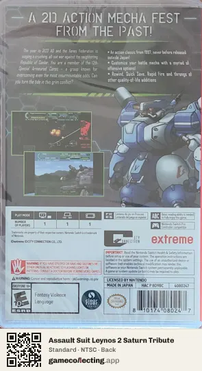 Assault Suit Leynos 2 Saturn Tribute Nintendo Switch, NTSC box back
