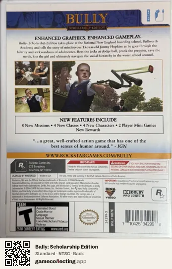 Bully: Scholarship Edition Nintendo Wii, NTSC box back