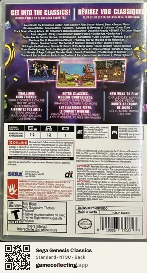 Sega Genesis Classics Nintendo Switch, NTSC box back