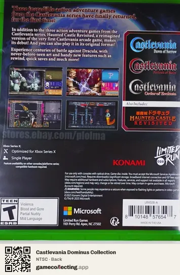 Castlevania Dominus Collection Xbox Series X, NTSC box back