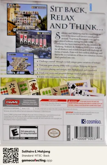Solitaire & Mahjong Nintendo Wii, NTSC box back